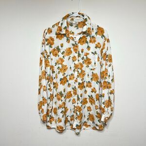 Sunday UP Long Sleeve Button Down White Orange Floral Top M/L